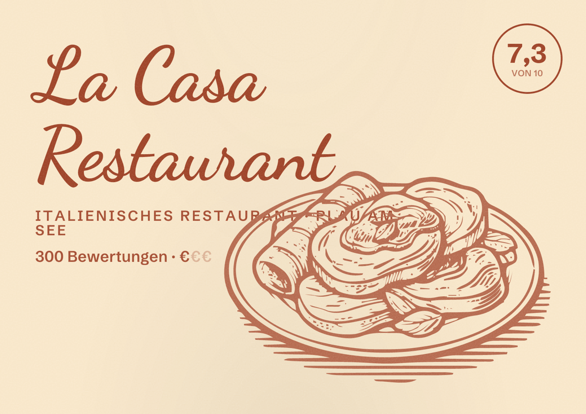 Illustriertes Poster von La Casa Restaurant, Italienisches Restaurant in Plau am See: Bewertung 7,3 von 10 aus 300 Bewertungen, Preisniveau €