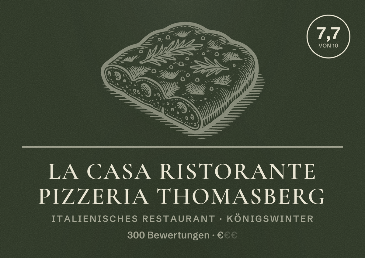 Illustriertes Poster von La Casa Ristorante Pizzeria Thomasberg, Italienisches Restaurant in Königswinter: Bewertung 7,7 von 10 aus 300 Bewertungen, Preisniveau €