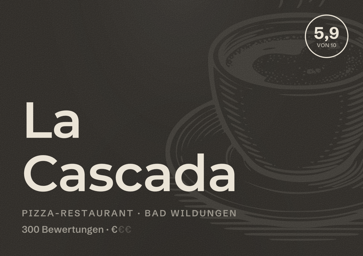 Illustriertes Poster von La Cascada, Pizza-Restaurant in Bad Wildungen: Bewertung 5,9 von 10 aus 300 Bewertungen, Preisniveau €