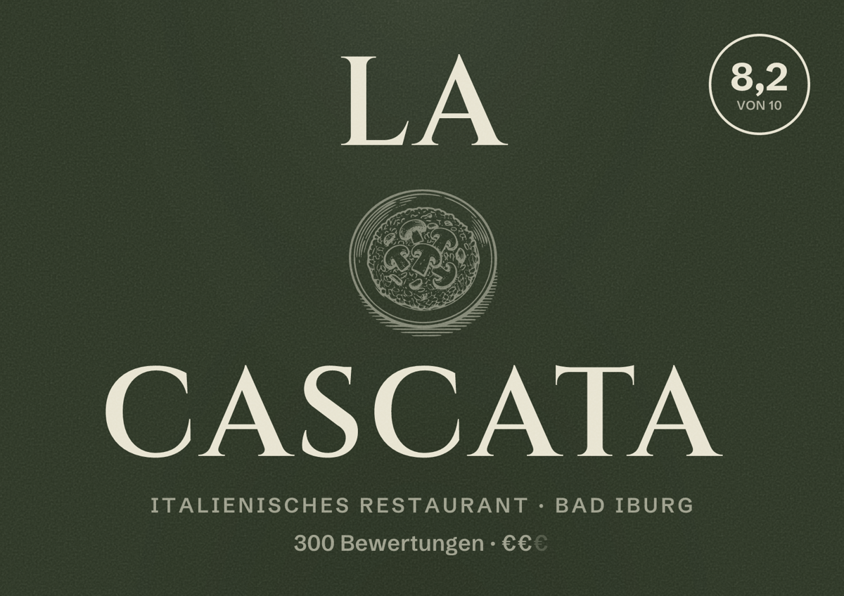 Illustriertes Poster von La Cascata, Italienisches Restaurant in Bad Iburg: Bewertung 8,2 von 10 aus 300 Bewertungen, Preisniveau €€