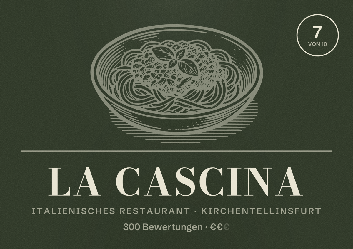 Illustriertes Poster von La Cascina, Italienisches Restaurant in Kirchentellinsfurt: Bewertung 7 von 10 aus 300 Bewertungen, Preisniveau €€