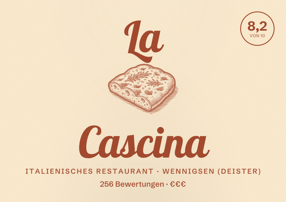 Illustriertes Poster von La Cascina, Italienisches Restaurant in Wennigsen (Deister): Bewertung 8,2 von 10 aus 256 Bewertungen, Preisniveau €€€