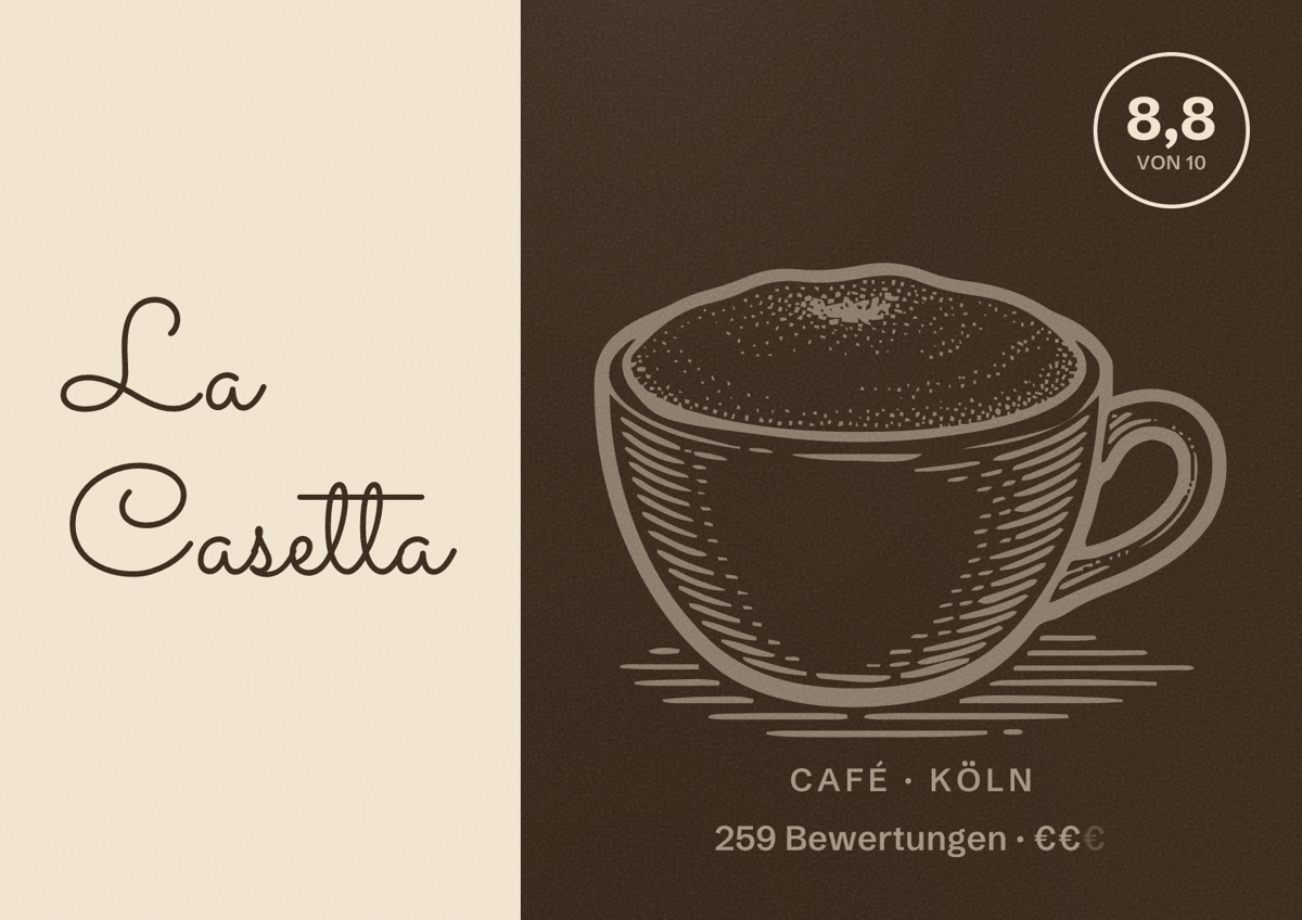 Illustriertes Poster von La Casetta, Café in Köln: Bewertung 8,8 von 10 aus 259 Bewertungen, Preisniveau €€