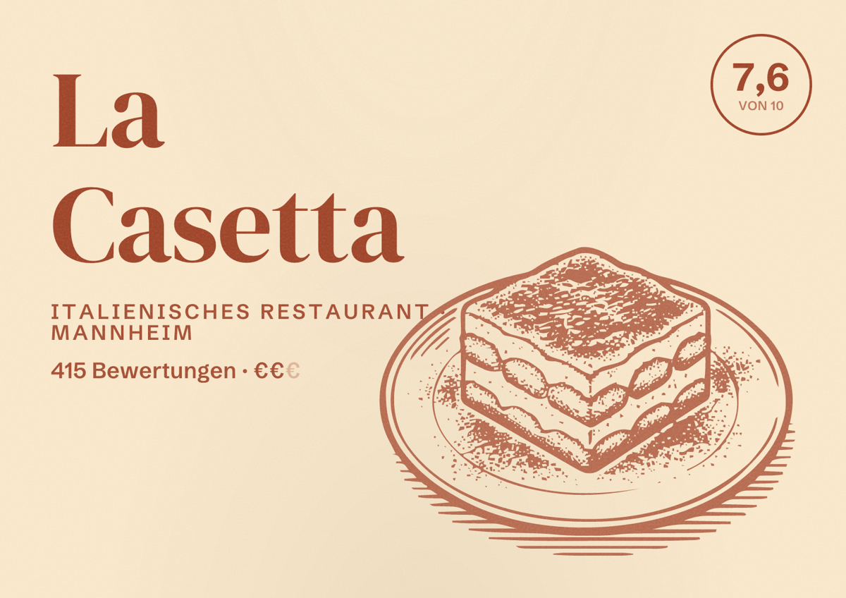 Illustriertes Poster von La Casetta, Italienisches Restaurant in Mannheim: Bewertung 7,6 von 10 aus 415 Bewertungen, Preisniveau €€