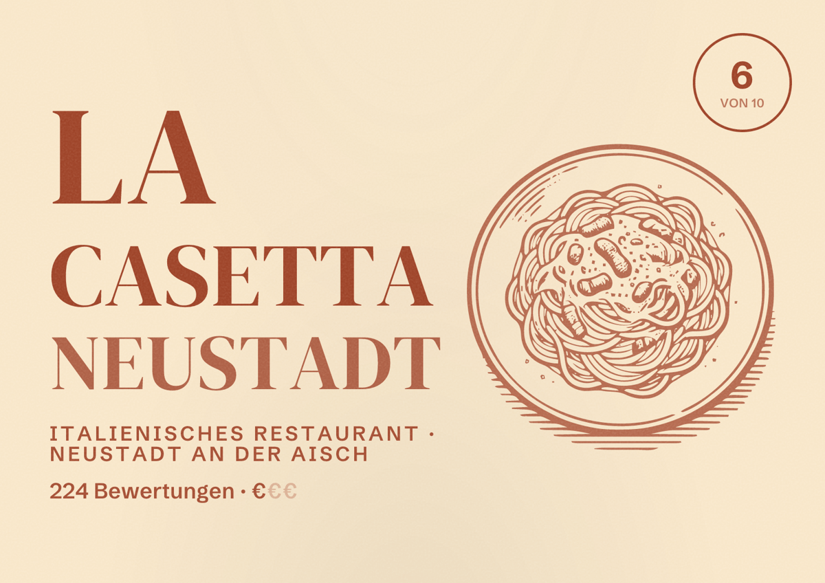 Illustriertes Poster von La Casetta Neustadt, Italienisches Restaurant in Neustadt an der Aisch: Bewertung 6 von 10 aus 224 Bewertungen, Preisniveau €