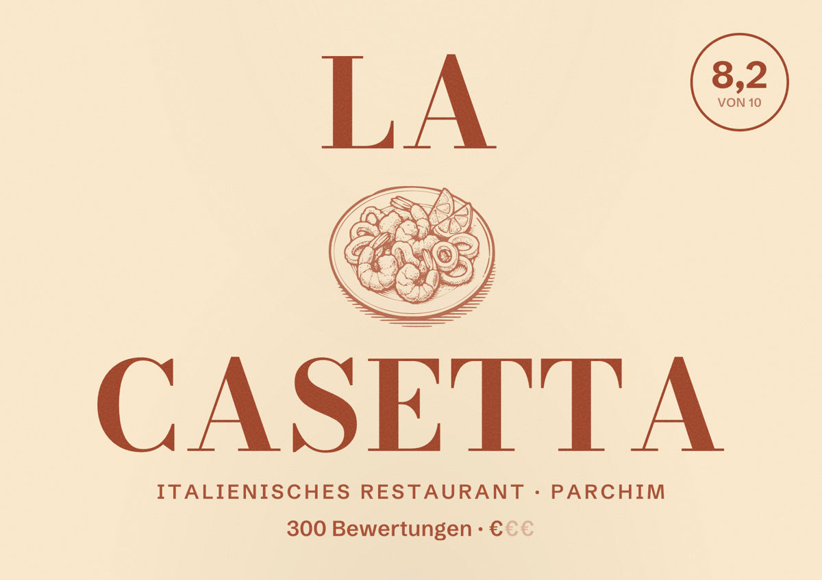 Illustriertes Poster von La Casetta, Italienisches Restaurant in Parchim: Bewertung 8,2 von 10 aus 300 Bewertungen, Preisniveau €