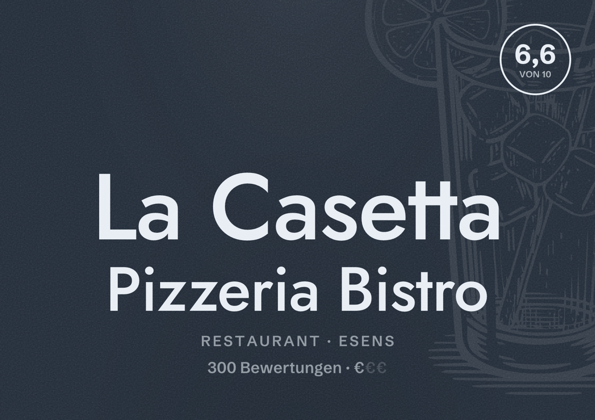 Illustriertes Poster von La Casetta Pizzeria Bistro, Restaurant in Esens: Bewertung 6,6 von 10 aus 300 Bewertungen, Preisniveau €