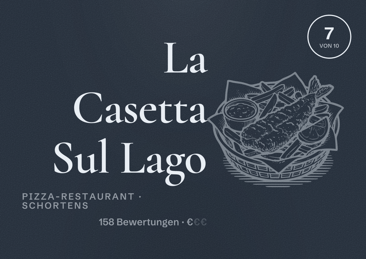 Illustriertes Poster von La Casetta Sul Lago, Pizza-Restaurant in Schortens: Bewertung 7 von 10 aus 158 Bewertungen, Preisniveau €