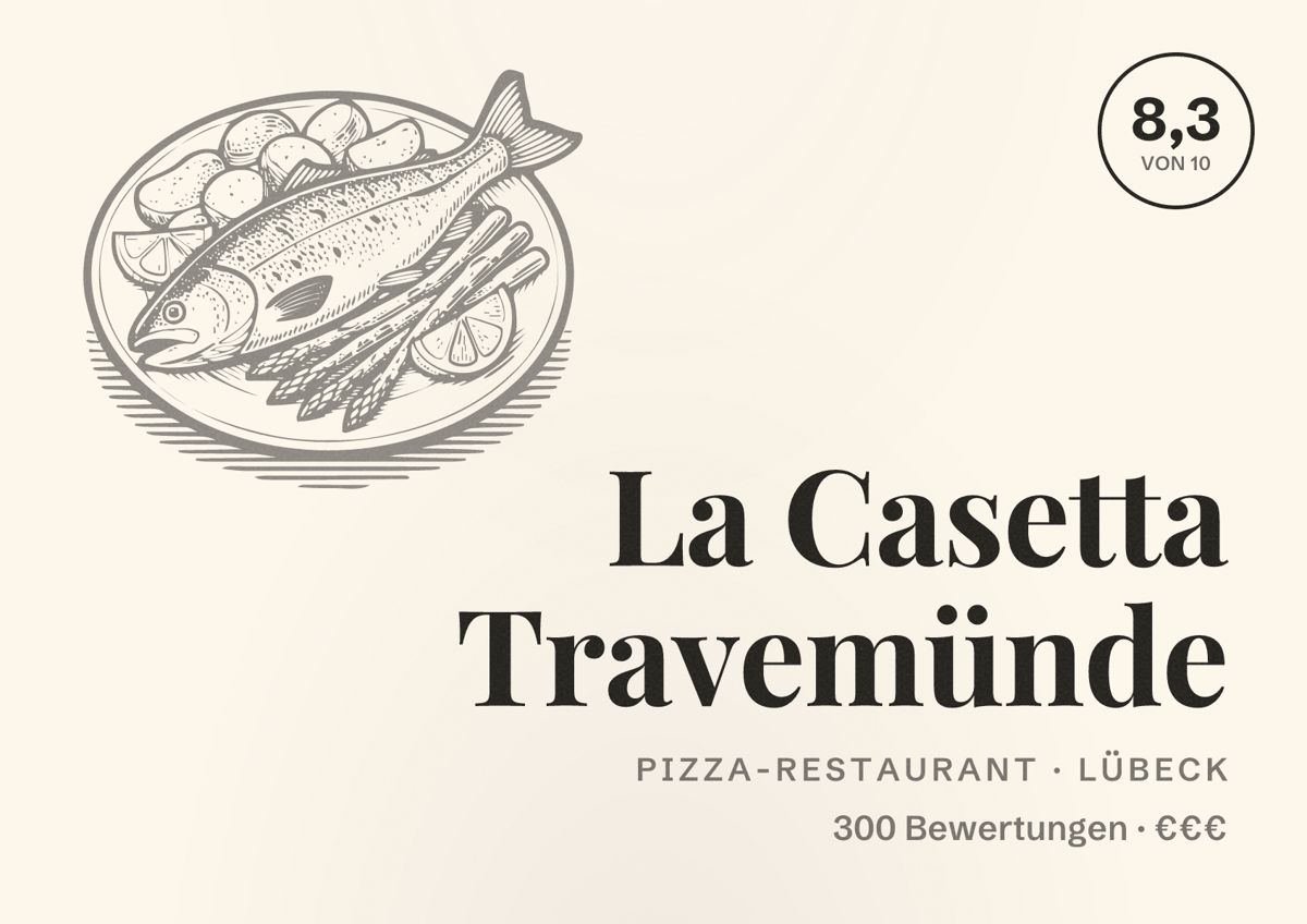 Illustriertes Poster von La Casetta Travemünde, Pizza-Restaurant in Lübeck: Bewertung 8,3 von 10 aus 300 Bewertungen, Preisniveau €€€