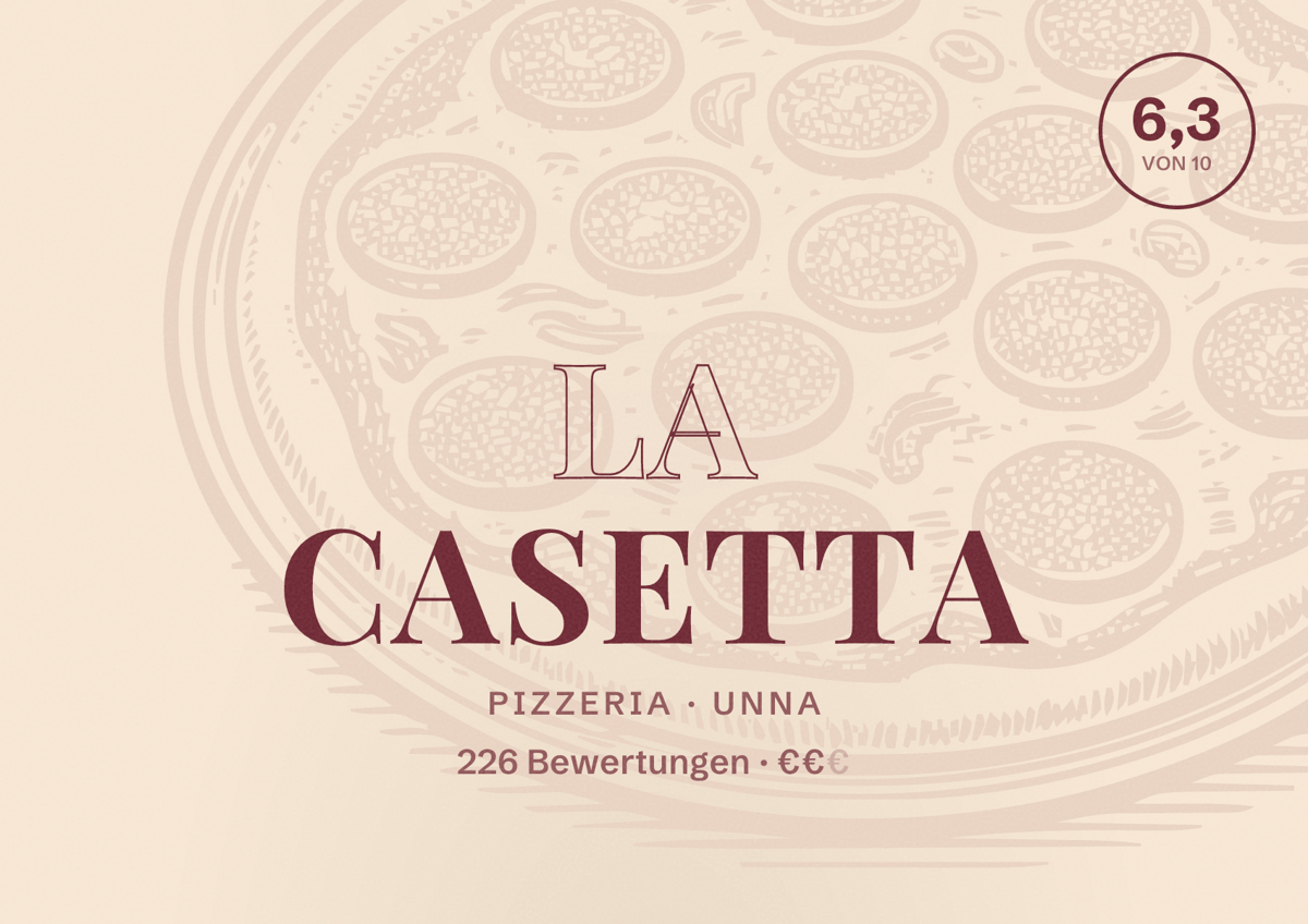 Illustriertes Poster von La Casetta, Pizzeria in Unna: Bewertung 6,3 von 10 aus 226 Bewertungen, Preisniveau €€