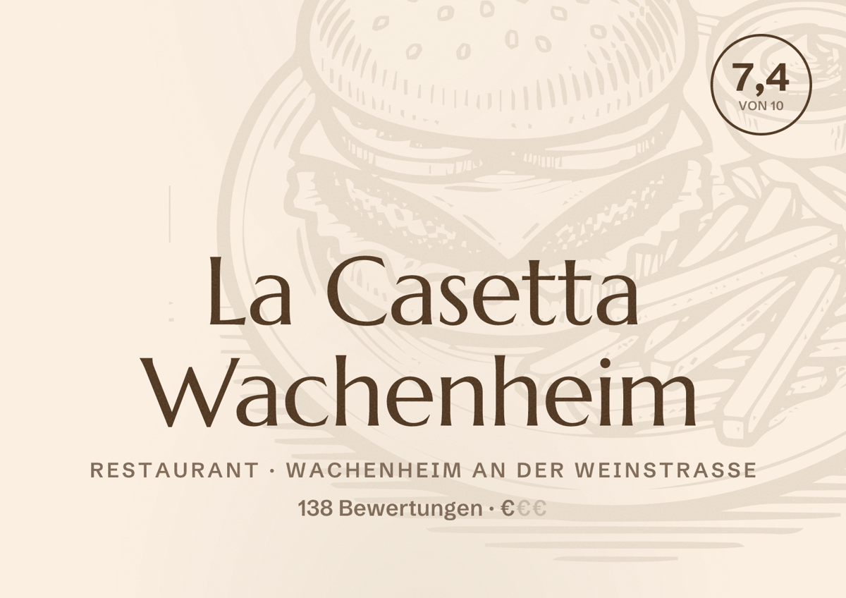 Illustriertes Poster von La Casetta Wachenheim, Restaurant in Wachenheim an der Weinstraße: Bewertung 7,4 von 10 aus 138 Bewertungen, Preisniveau €