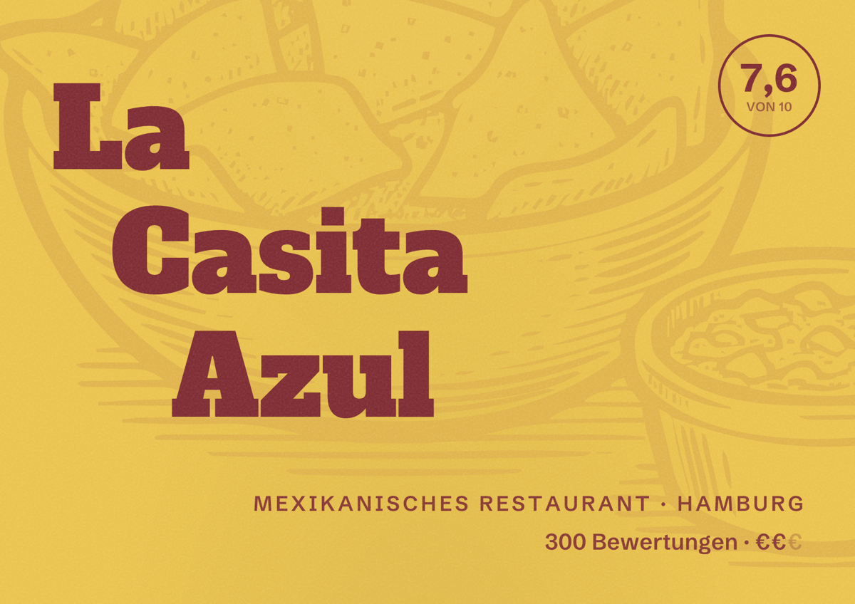 Illustriertes Poster von La Casita Azul, Mexikanisches Restaurant in Hamburg: Bewertung 7,6 von 10 aus 300 Bewertungen, Preisniveau €€