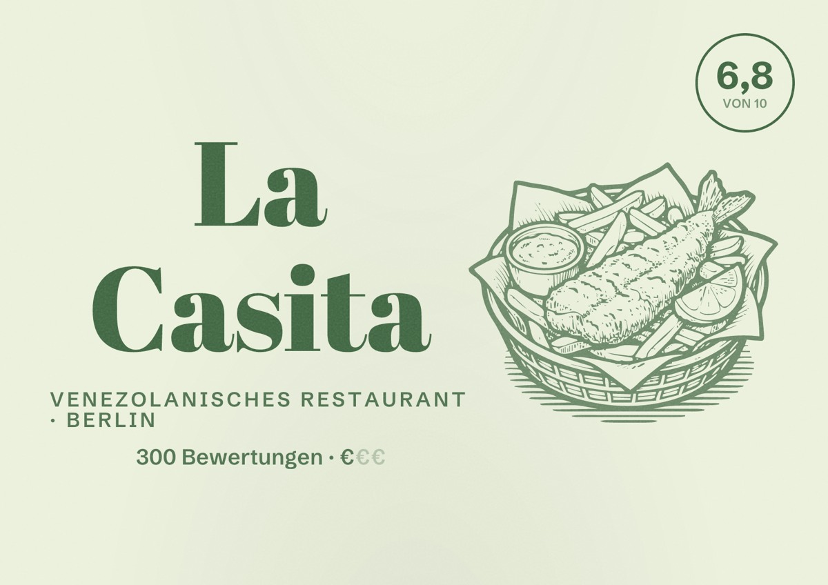 Illustriertes Poster von La Casita, Venezolanisches Restaurant in Berlin: Bewertung 6,8 von 10 aus 300 Bewertungen, Preisniveau €
