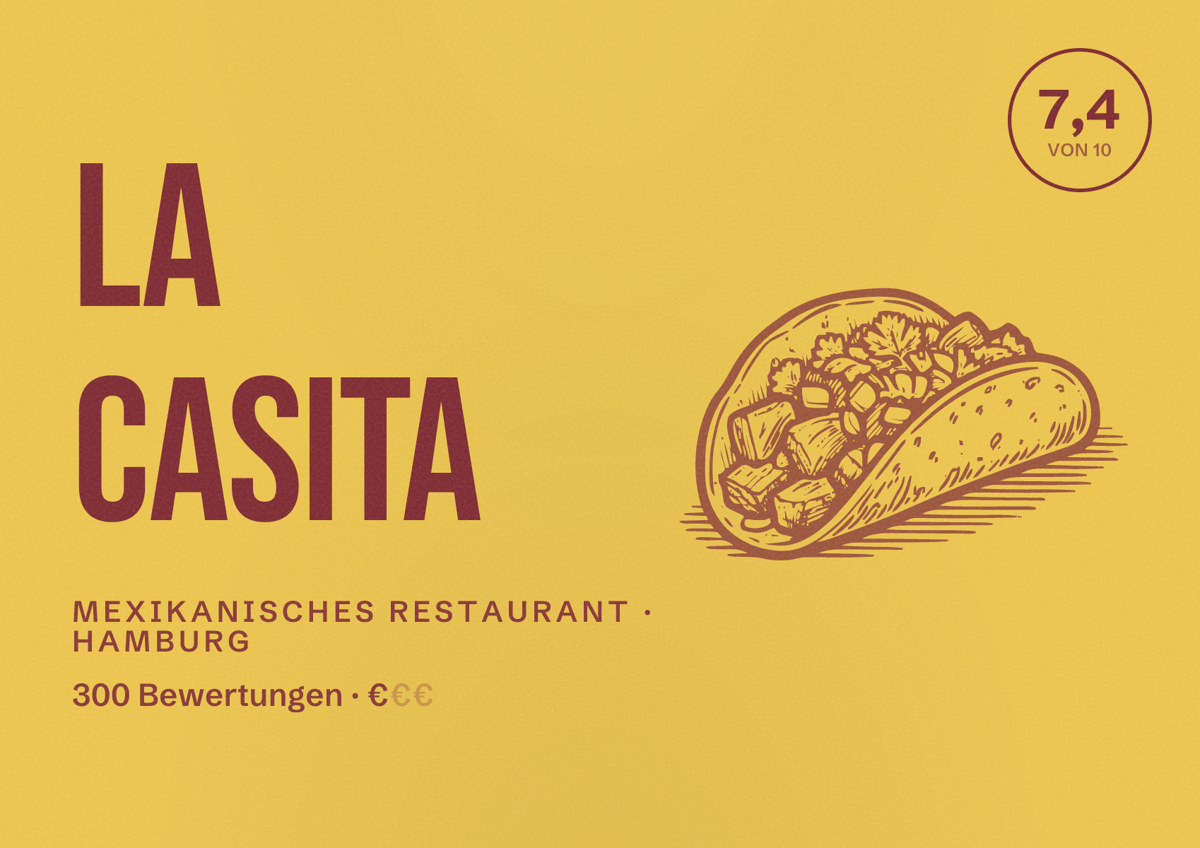Illustriertes Poster von La Casita, Mexikanisches Restaurant in Hamburg: Bewertung 7,4 von 10 aus 300 Bewertungen, Preisniveau €