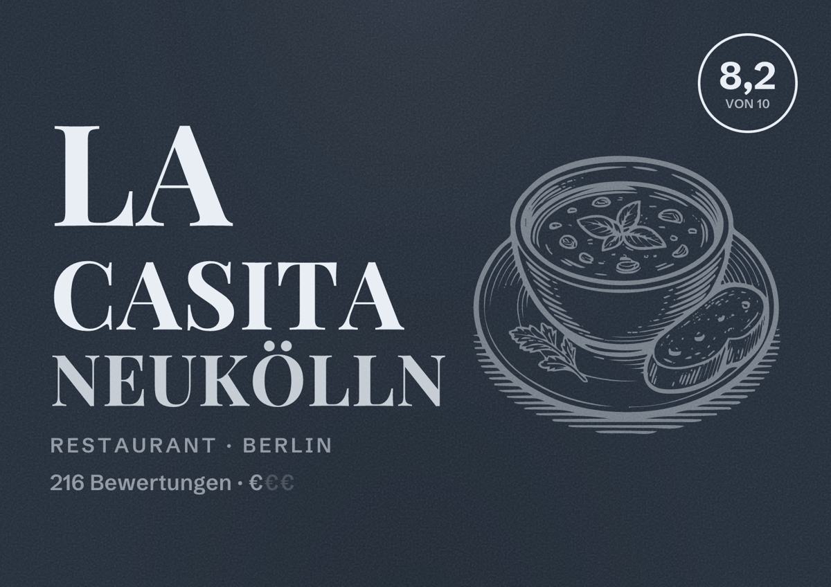Illustriertes Poster von La Casita Neukölln, Restaurant in Berlin: Bewertung 8,2 von 10 aus 216 Bewertungen, Preisniveau €