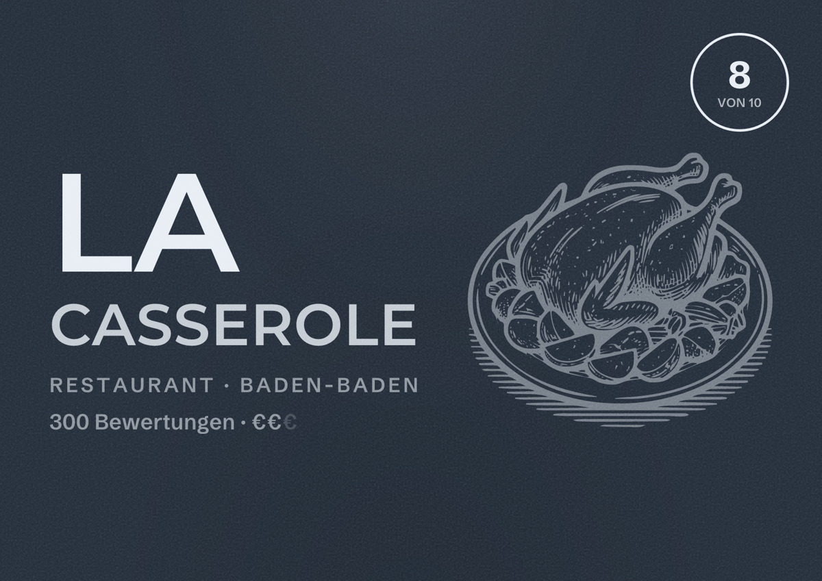 Illustriertes Poster von La Casserole, Restaurant in Baden-Baden: Bewertung 8 von 10 aus 300 Bewertungen, Preisniveau €€