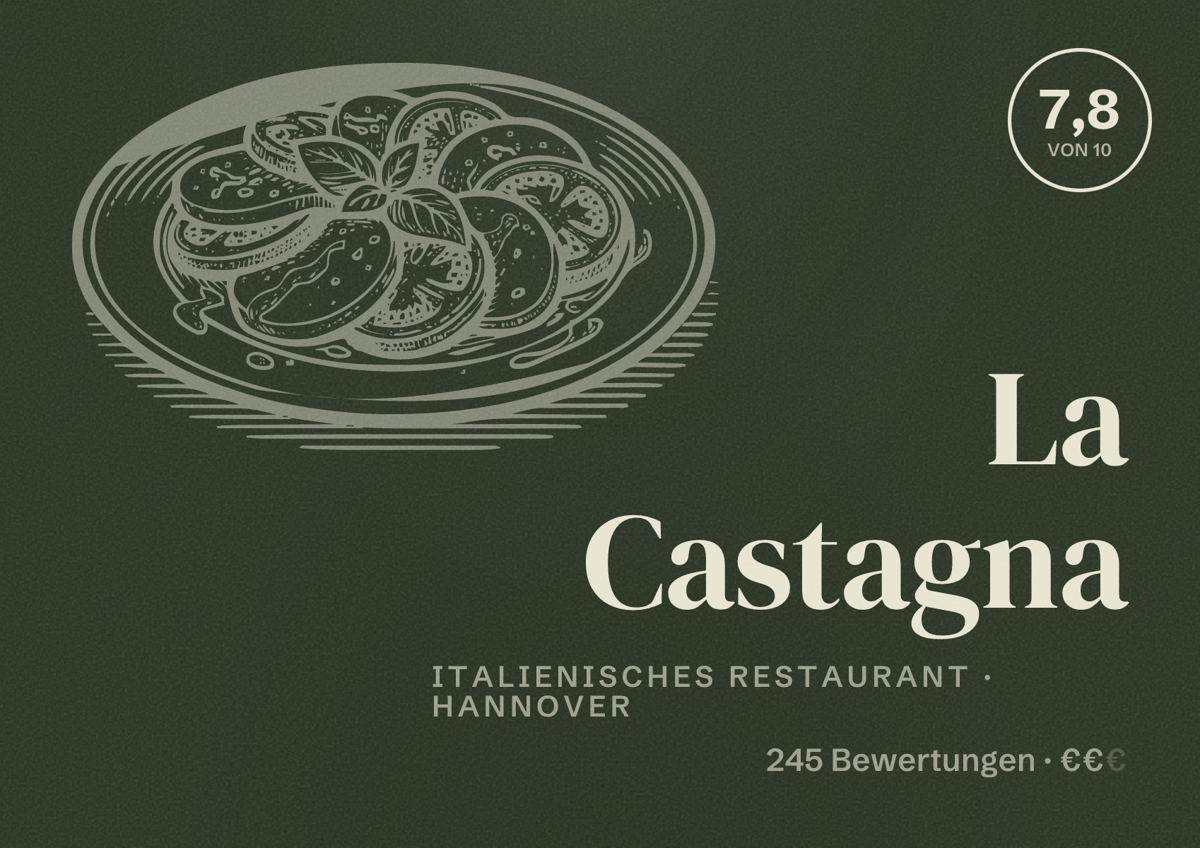 Illustriertes Poster von La Castagna, Italienisches Restaurant in Hannover: Bewertung 7,8 von 10 aus 245 Bewertungen, Preisniveau €€