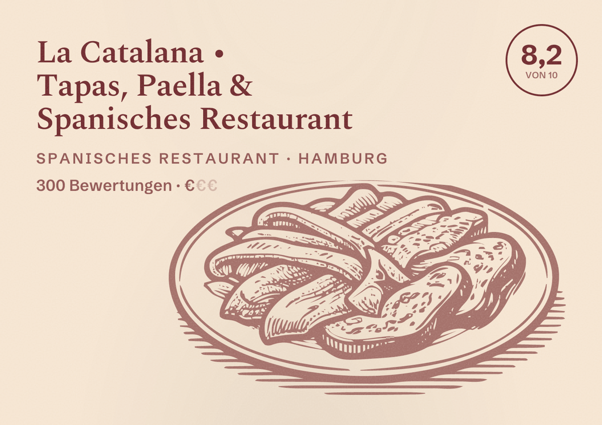 Illustriertes Poster von La Catalana • Tapas, Paella & Spanisches Restaurant, Spanisches Restaurant in Hamburg: Bewertung 8,2 von 10 aus 300 Bewertungen, Preisniveau €