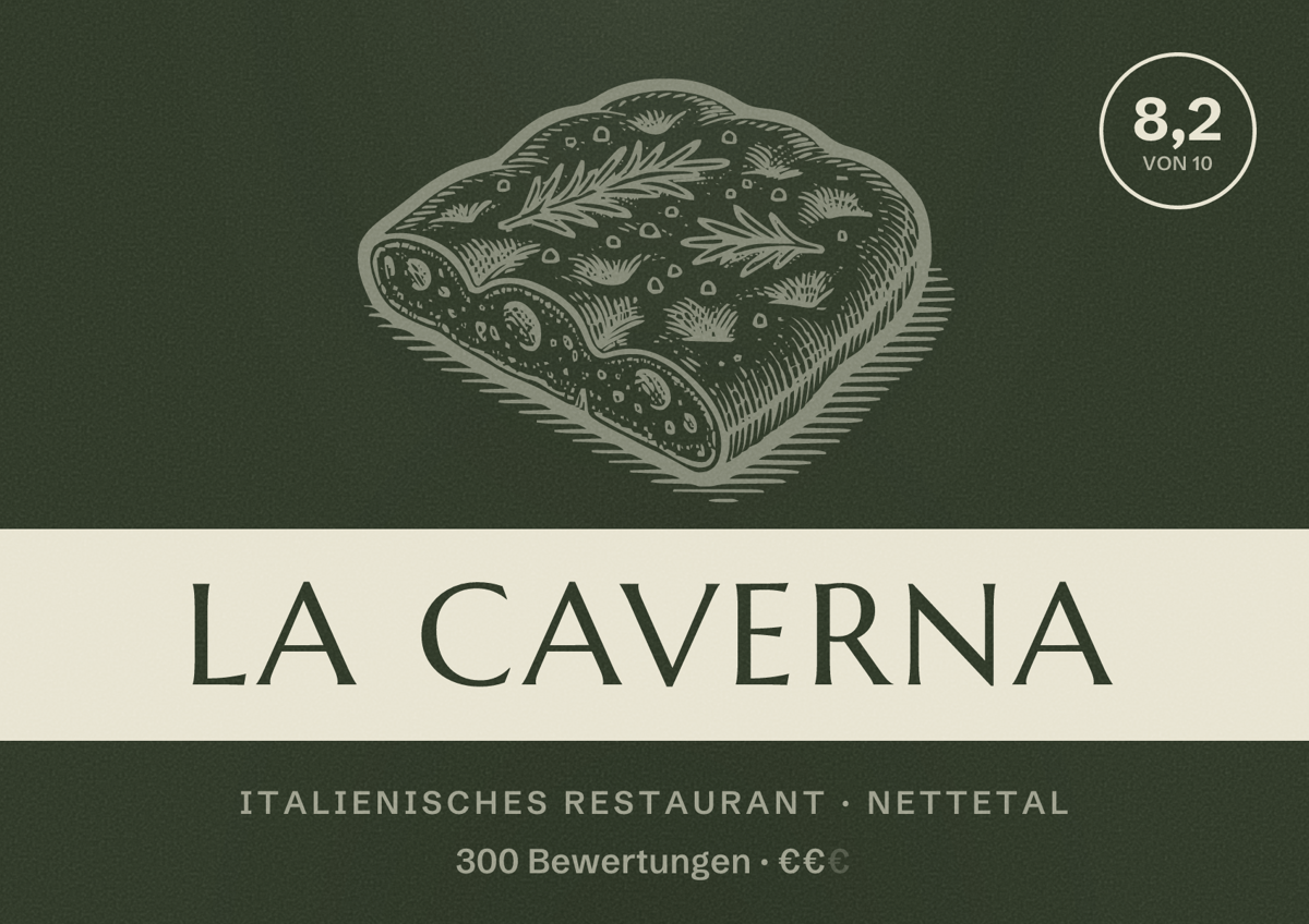 Illustriertes Poster von La Caverna, Italienisches Restaurant in Nettetal: Bewertung 8,2 von 10 aus 300 Bewertungen, Preisniveau €€