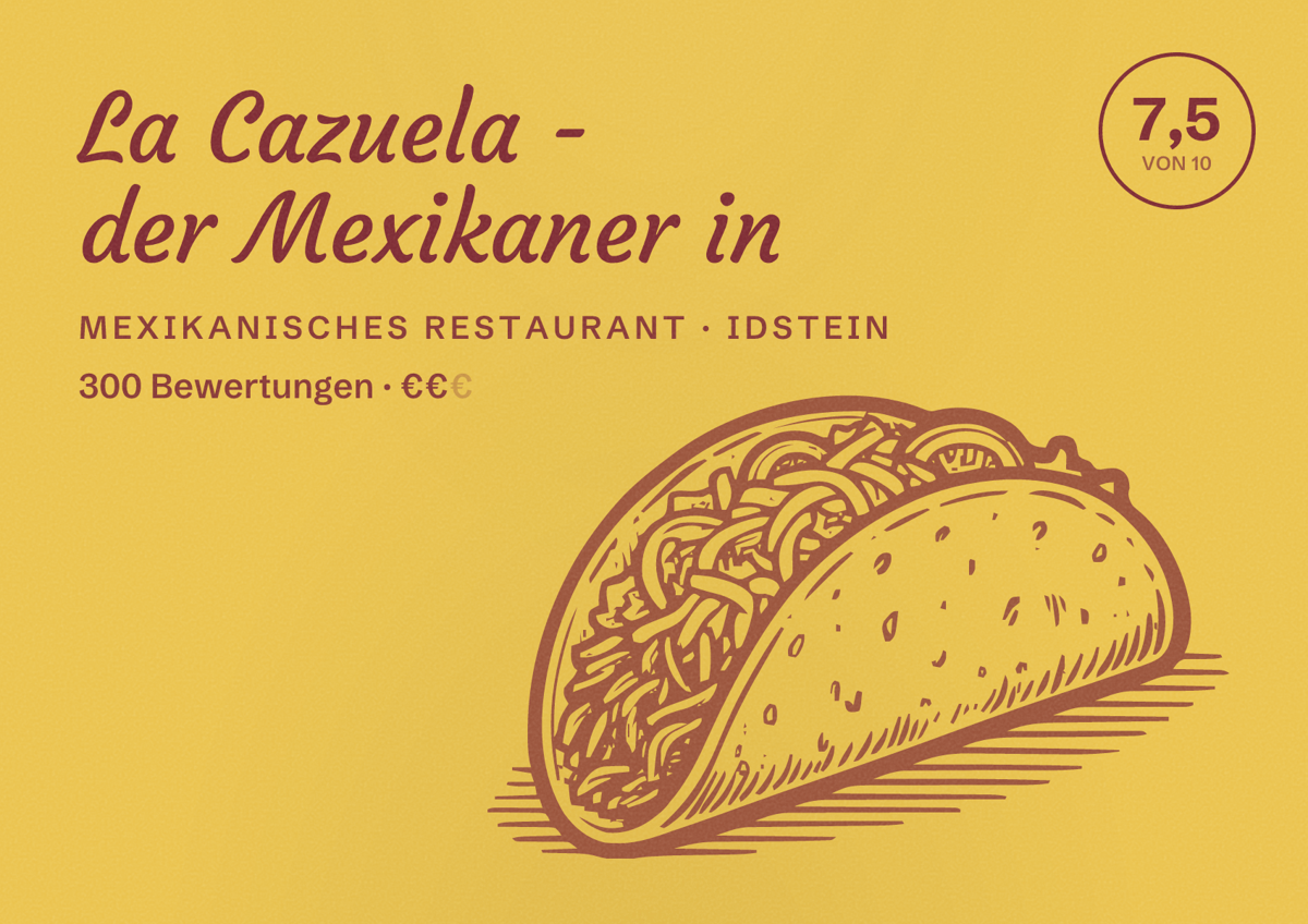 Illustriertes Poster von La Cazuela - der Mexikaner in, Mexikanisches Restaurant in Idstein: Bewertung 7,5 von 10 aus 300 Bewertungen, Preisniveau €€