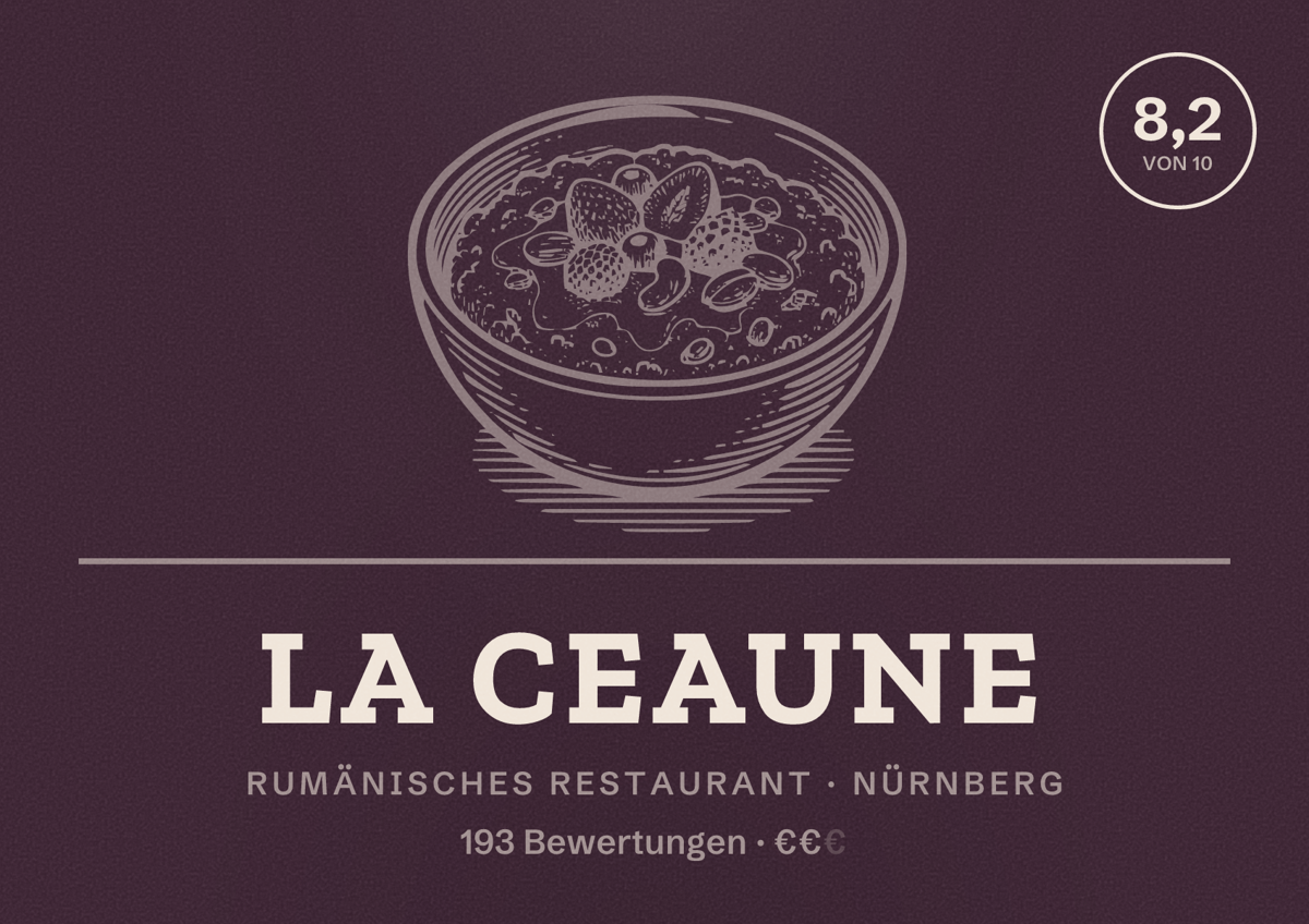 Illustriertes Poster von La Ceaune, Rumänisches Restaurant in Nürnberg: Bewertung 8,2 von 10 aus 193 Bewertungen, Preisniveau €€