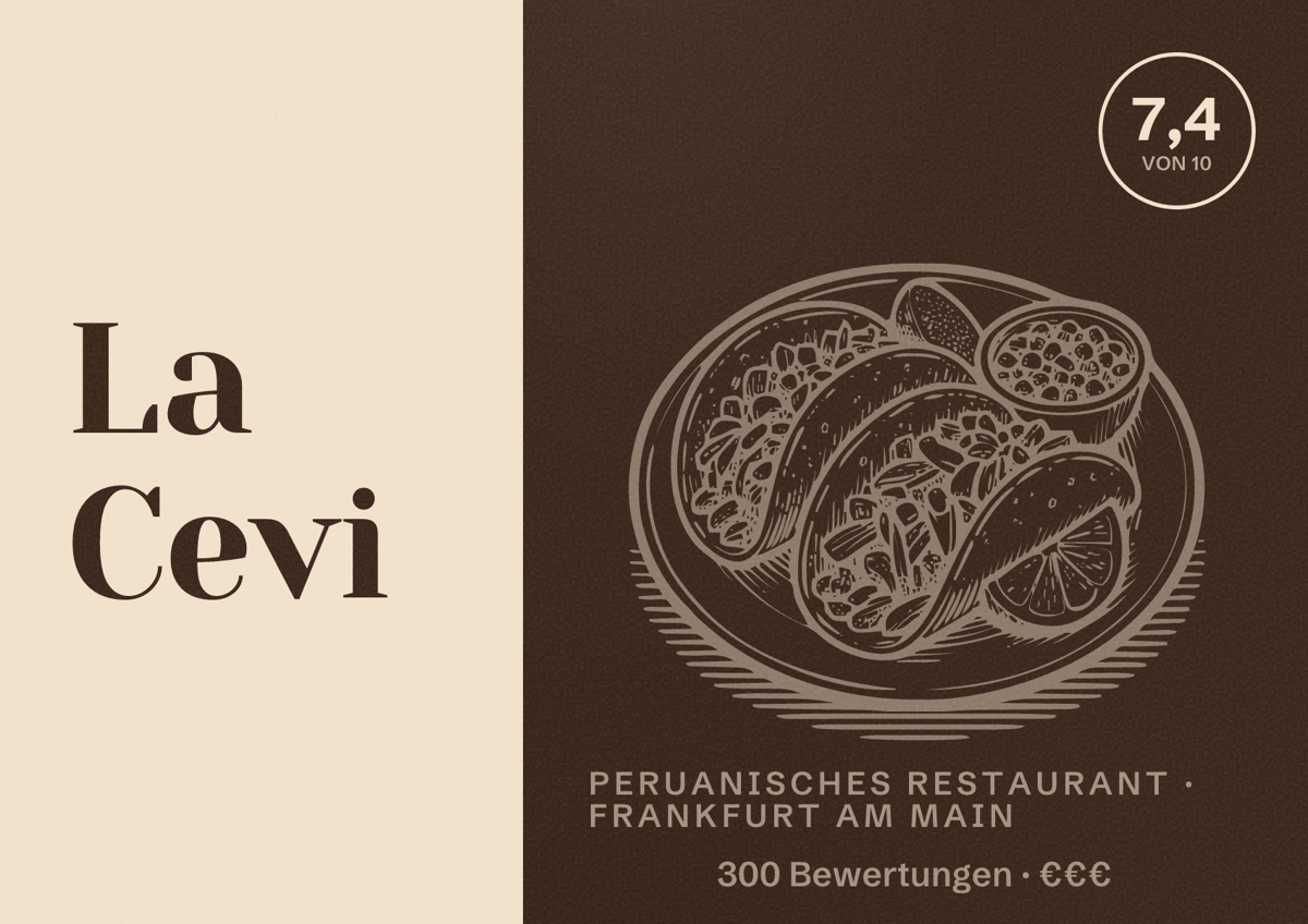 Illustriertes Poster von La Cevi, Peruanisches Restaurant in Frankfurt am Main: Bewertung 7,4 von 10 aus 300 Bewertungen, Preisniveau €€€