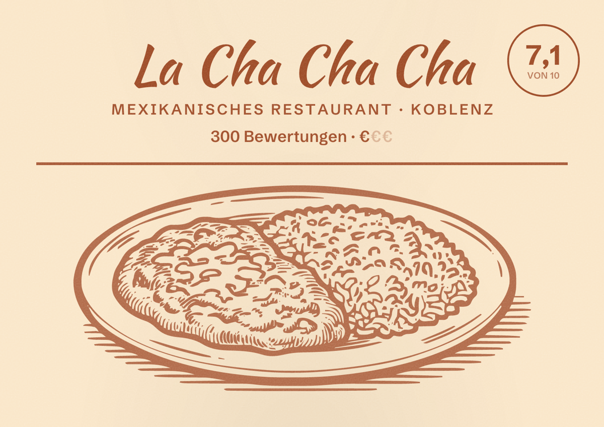 Illustriertes Poster von La Cha Cha Cha, Mexikanisches Restaurant in Koblenz: Bewertung 7,1 von 10 aus 300 Bewertungen, Preisniveau €