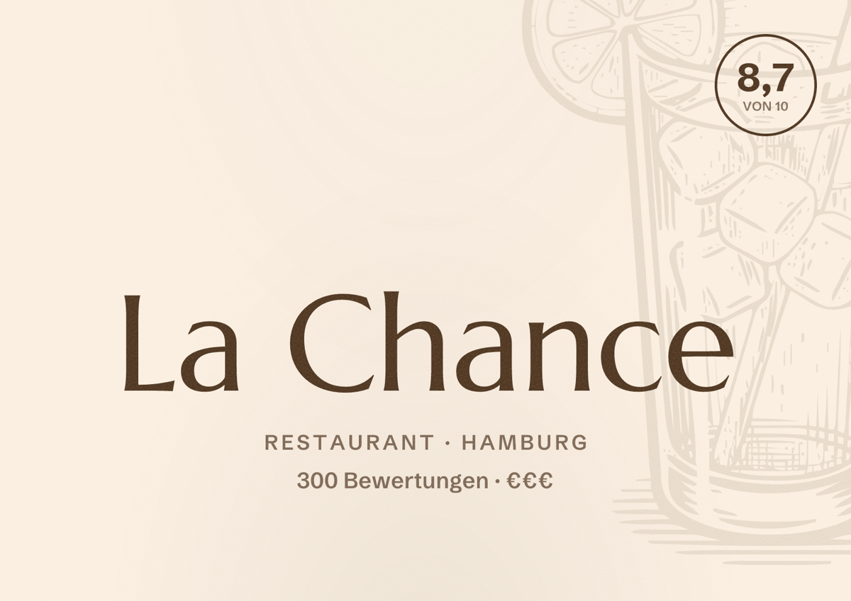 Illustriertes Poster von La Chance, Restaurant in Hamburg: Bewertung 8,7 von 10 aus 300 Bewertungen, Preisniveau €€€