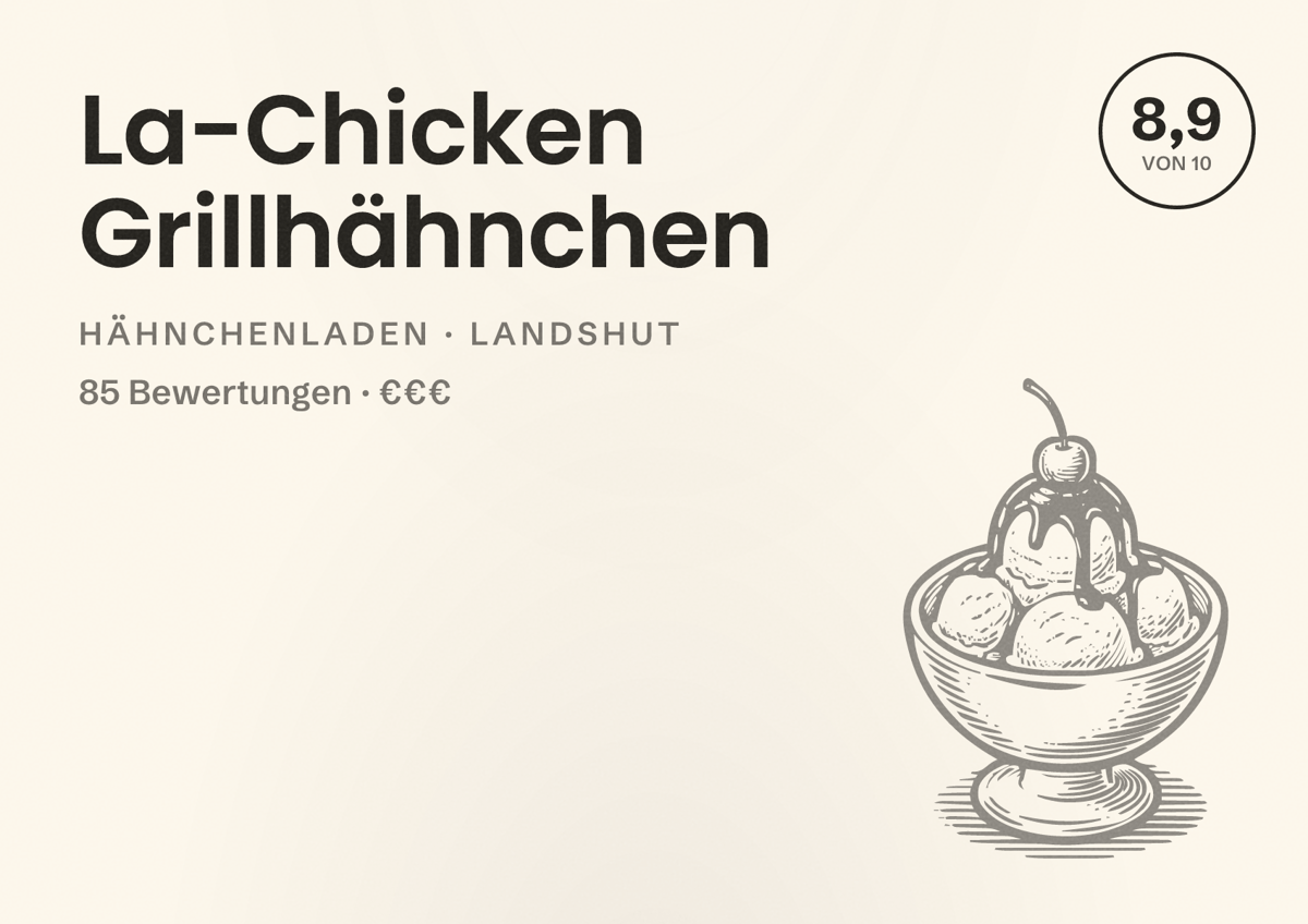 Illustriertes Poster von La-Chicken Grillhähnchen, Hähnchenladen in Landshut: Bewertung 8,9 von 10 aus 85 Bewertungen, Preisniveau €€€