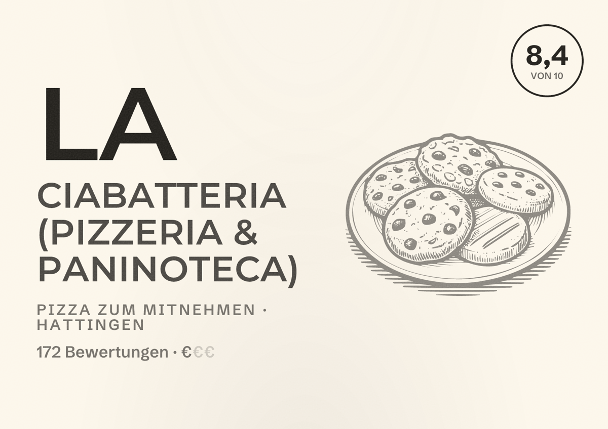 Illustriertes Poster von La Ciabatteria (Pizzeria & Paninoteca), Pizza zum Mitnehmen in Hattingen: Bewertung 8,4 von 10 aus 172 Bewertungen, Preisniveau €