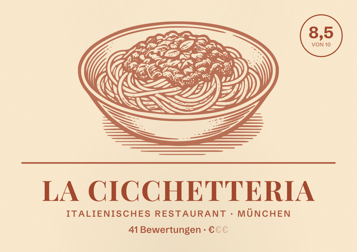 Illustriertes Poster von La Cicchetteria, Italienisches Restaurant in München: Bewertung 8,5 von 10 aus 41 Bewertungen, Preisniveau €