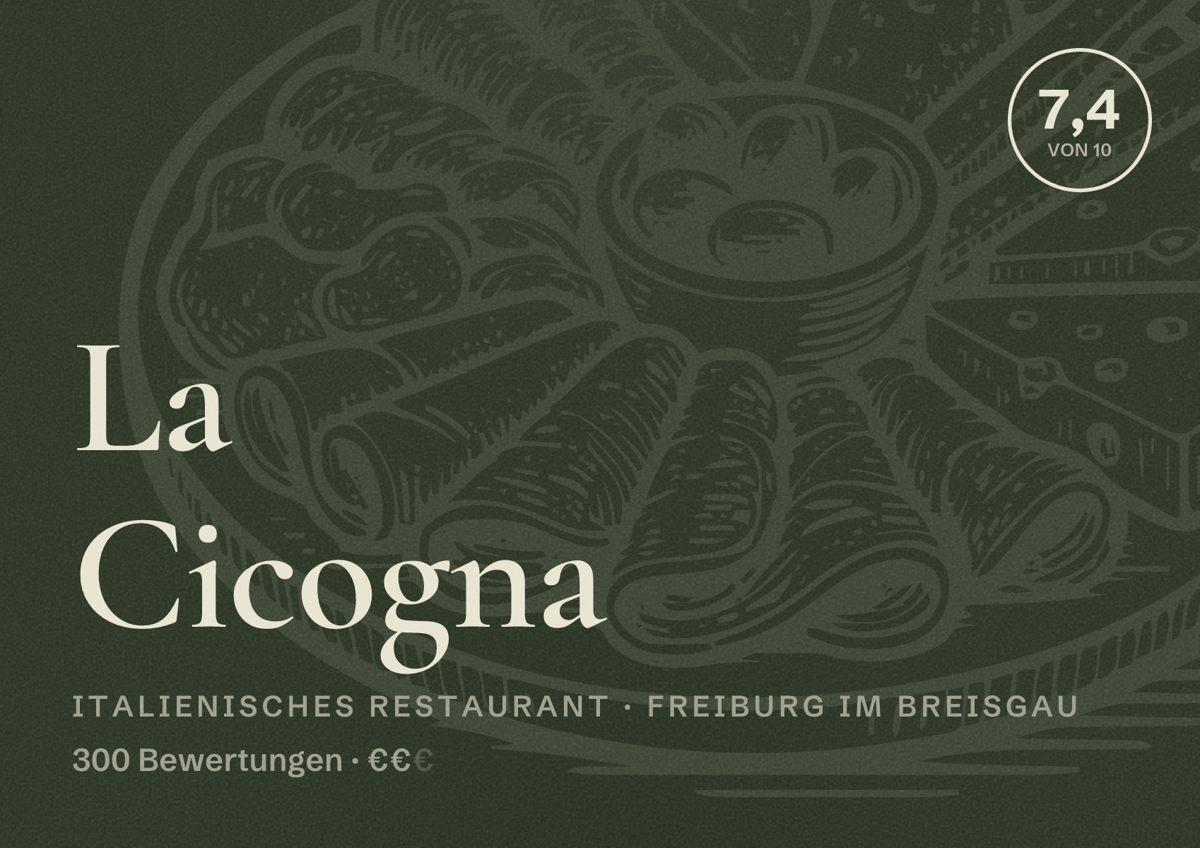 Illustriertes Poster von La Cicogna, Italienisches Restaurant in Freiburg im Breisgau: Bewertung 7,4 von 10 aus 300 Bewertungen, Preisniveau €€