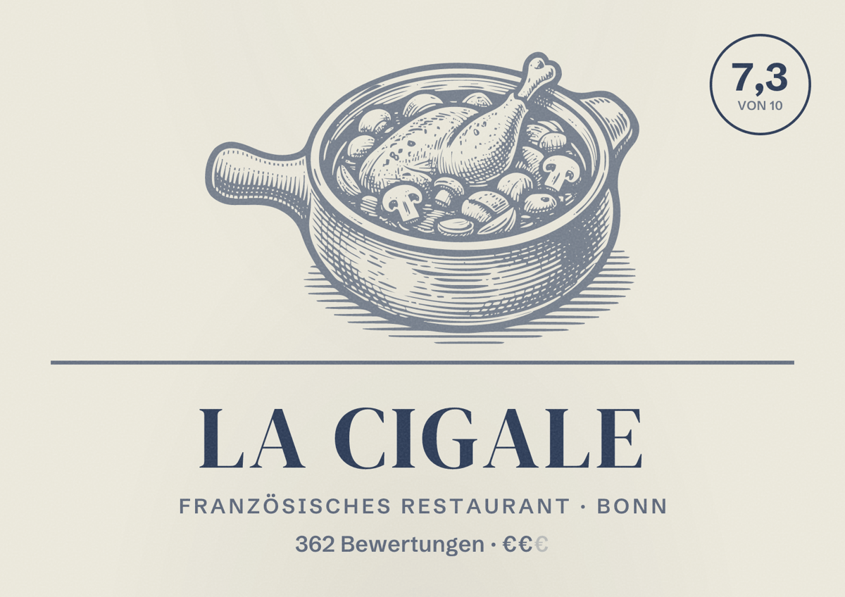 Illustriertes Poster von La Cigale, Französisches Restaurant in Bonn: Bewertung 7,3 von 10 aus 362 Bewertungen, Preisniveau €€