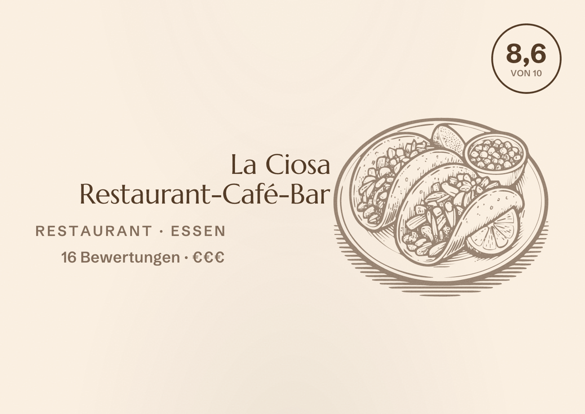 Illustriertes Poster von La Ciosa Restaurant-Café-Bar, Restaurant in Essen: Bewertung 8,6 von 10 aus 16 Bewertungen, Preisniveau €€€