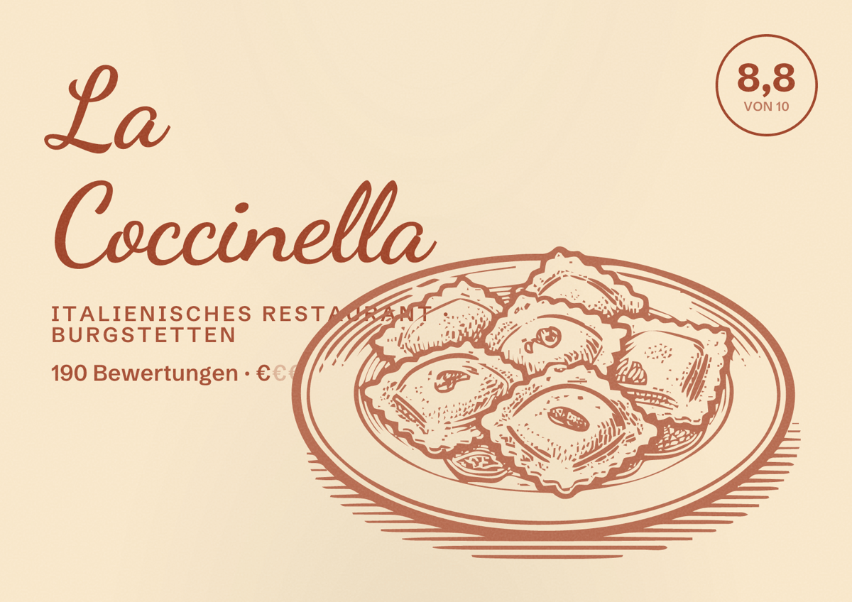 Illustriertes Poster von La Coccinella, Italienisches Restaurant in Burgstetten: Bewertung 8,8 von 10 aus 190 Bewertungen, Preisniveau €
