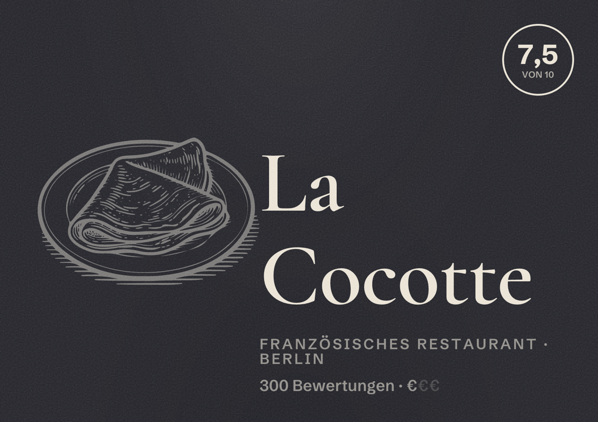 Illustriertes Poster von La Cocotte, Französisches Restaurant in Berlin: Bewertung 7,5 von 10 aus 300 Bewertungen, Preisniveau €
