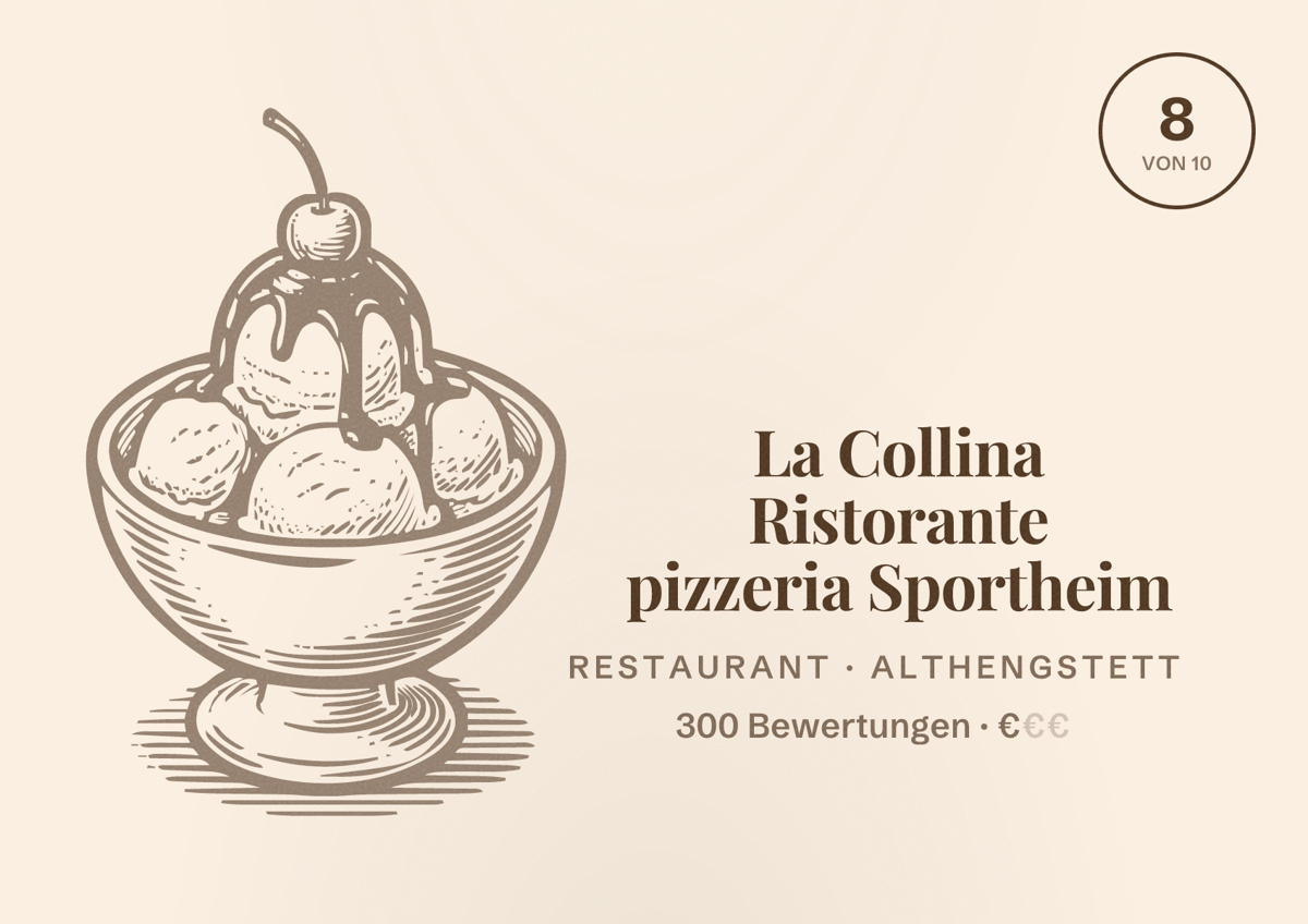 Illustriertes Poster von La Collina Ristorante pizzeria Sportheim, Restaurant in Althengstett: Bewertung 8 von 10 aus 300 Bewertungen, Preisniveau €
