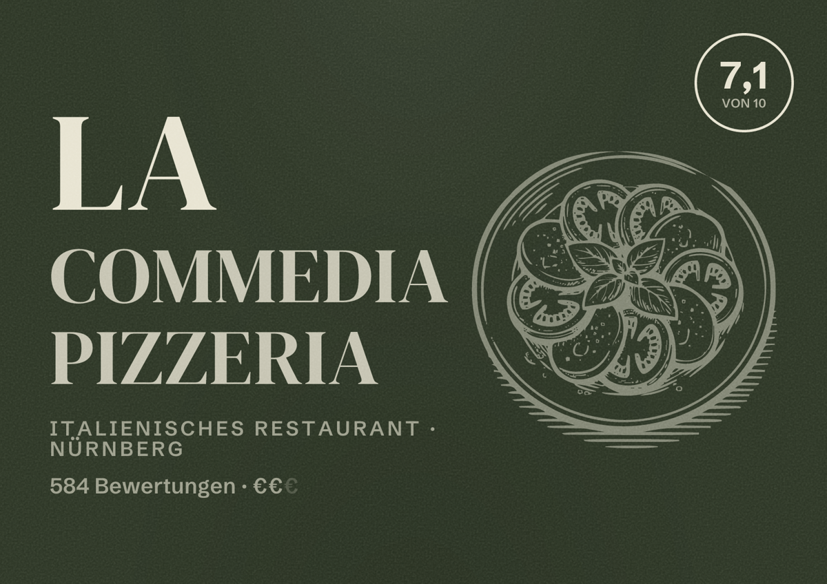 Illustriertes Poster von La Commedia Pizzeria, Italienisches Restaurant in Nürnberg: Bewertung 7,1 von 10 aus 584 Bewertungen, Preisniveau €€