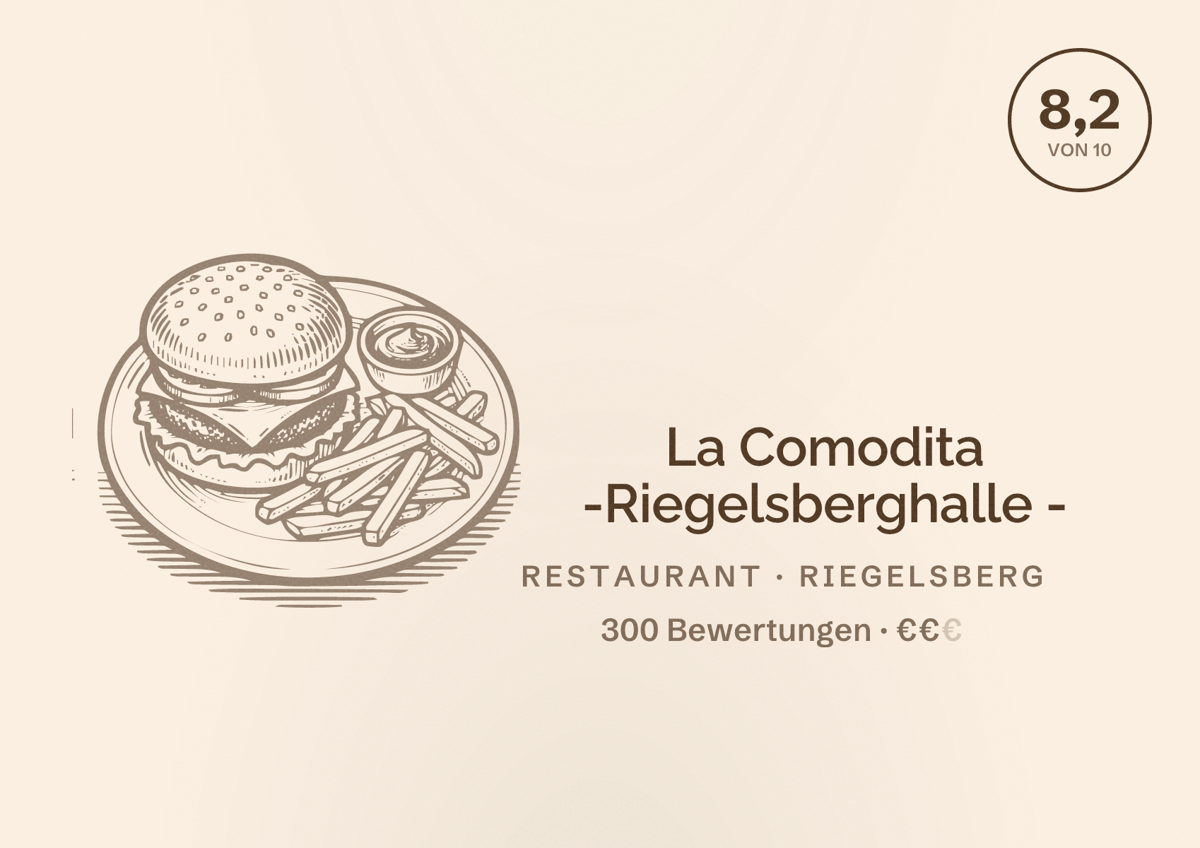 Illustriertes Poster von La Comodita -Riegelsberghalle -, Restaurant in Riegelsberg: Bewertung 8,2 von 10 aus 300 Bewertungen, Preisniveau €€