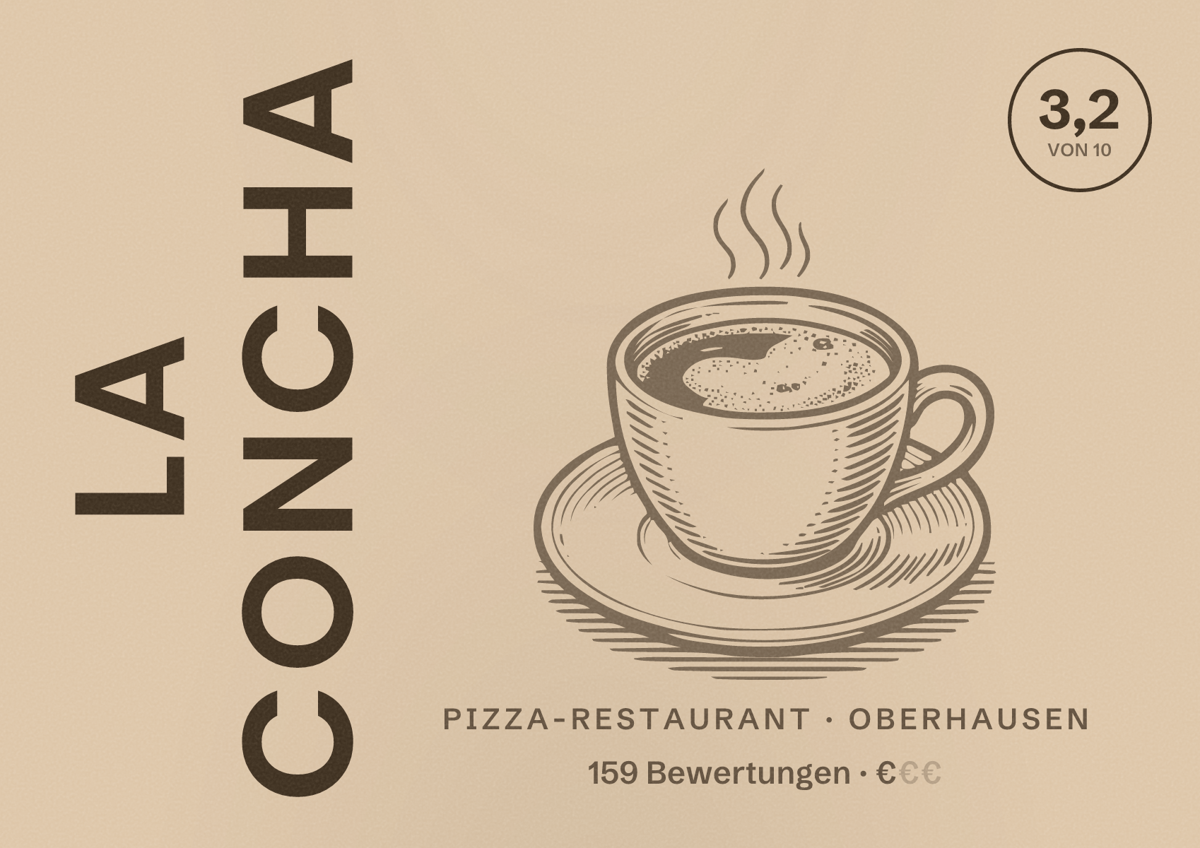 Illustriertes Poster von La Concha, Pizza-Restaurant in Oberhausen: Bewertung 3,2 von 10 aus 159 Bewertungen, Preisniveau €