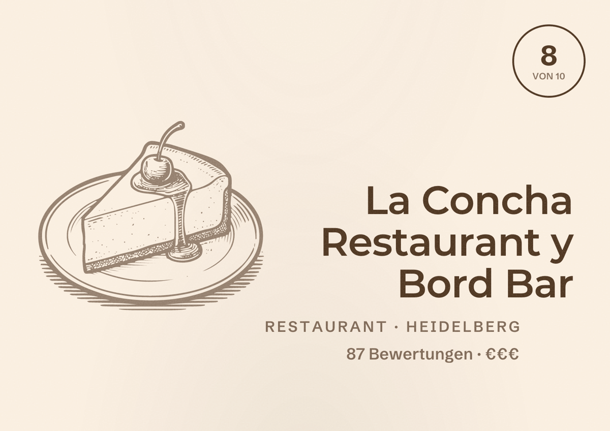 Illustriertes Poster von La Concha Restaurant y Bord Bar, Restaurant in Heidelberg: Bewertung 8 von 10 aus 87 Bewertungen, Preisniveau €€€