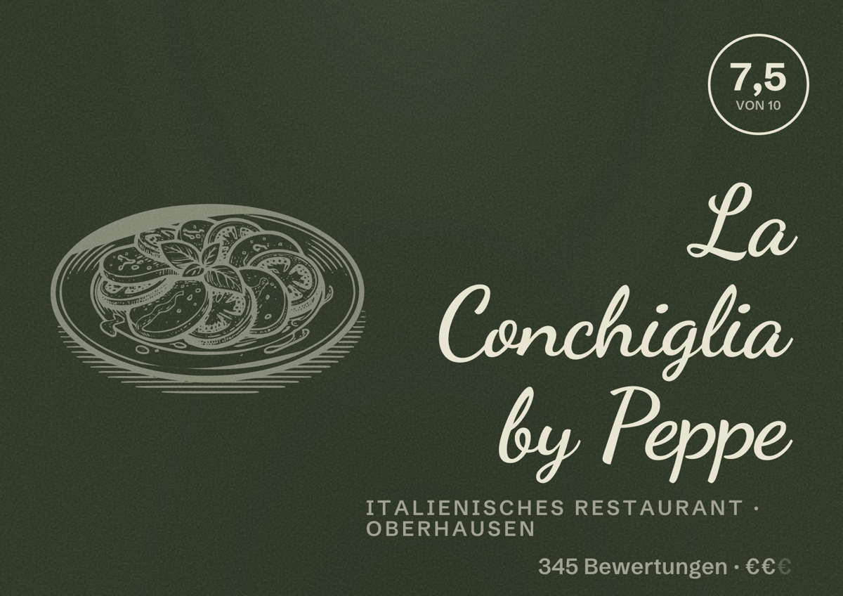 Illustriertes Poster von La Conchiglia by Peppe, Italienisches Restaurant in Oberhausen: Bewertung 7,5 von 10 aus 345 Bewertungen, Preisniveau €€