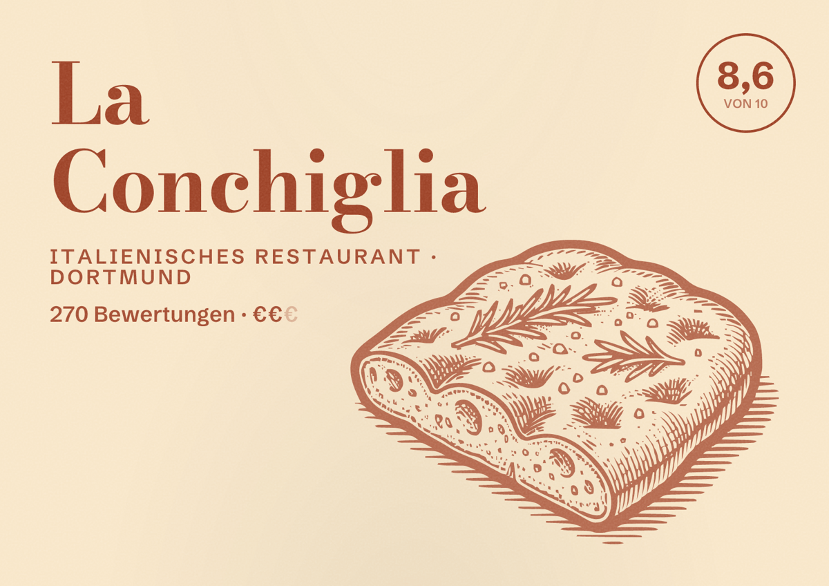 Illustriertes Poster von La Conchiglia, Italienisches Restaurant in Dortmund: Bewertung 8,6 von 10 aus 270 Bewertungen, Preisniveau €€