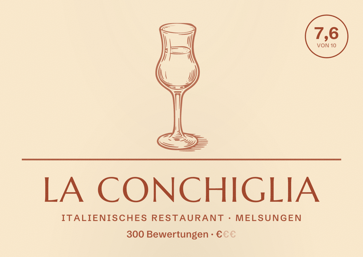 Illustriertes Poster von La Conchiglia, Italienisches Restaurant in Melsungen: Bewertung 7,6 von 10 aus 300 Bewertungen, Preisniveau €