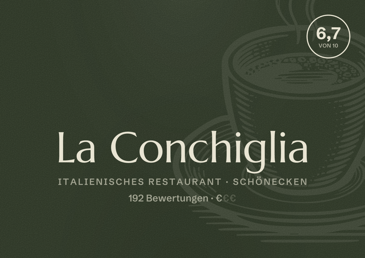 Illustriertes Poster von La Conchiglia, Italienisches Restaurant in Schönecken: Bewertung 6,7 von 10 aus 192 Bewertungen, Preisniveau €