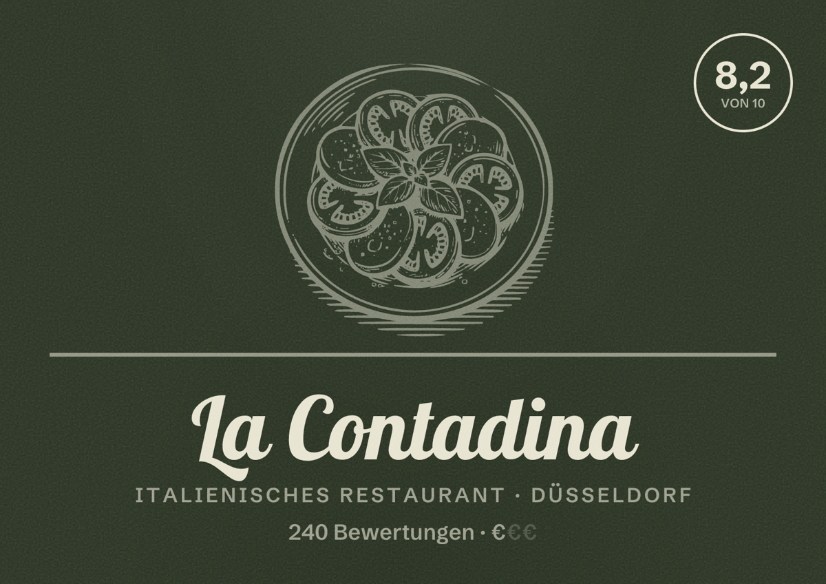 Illustriertes Poster von La Contadina, Italienisches Restaurant in Düsseldorf: Bewertung 8,2 von 10 aus 240 Bewertungen, Preisniveau €