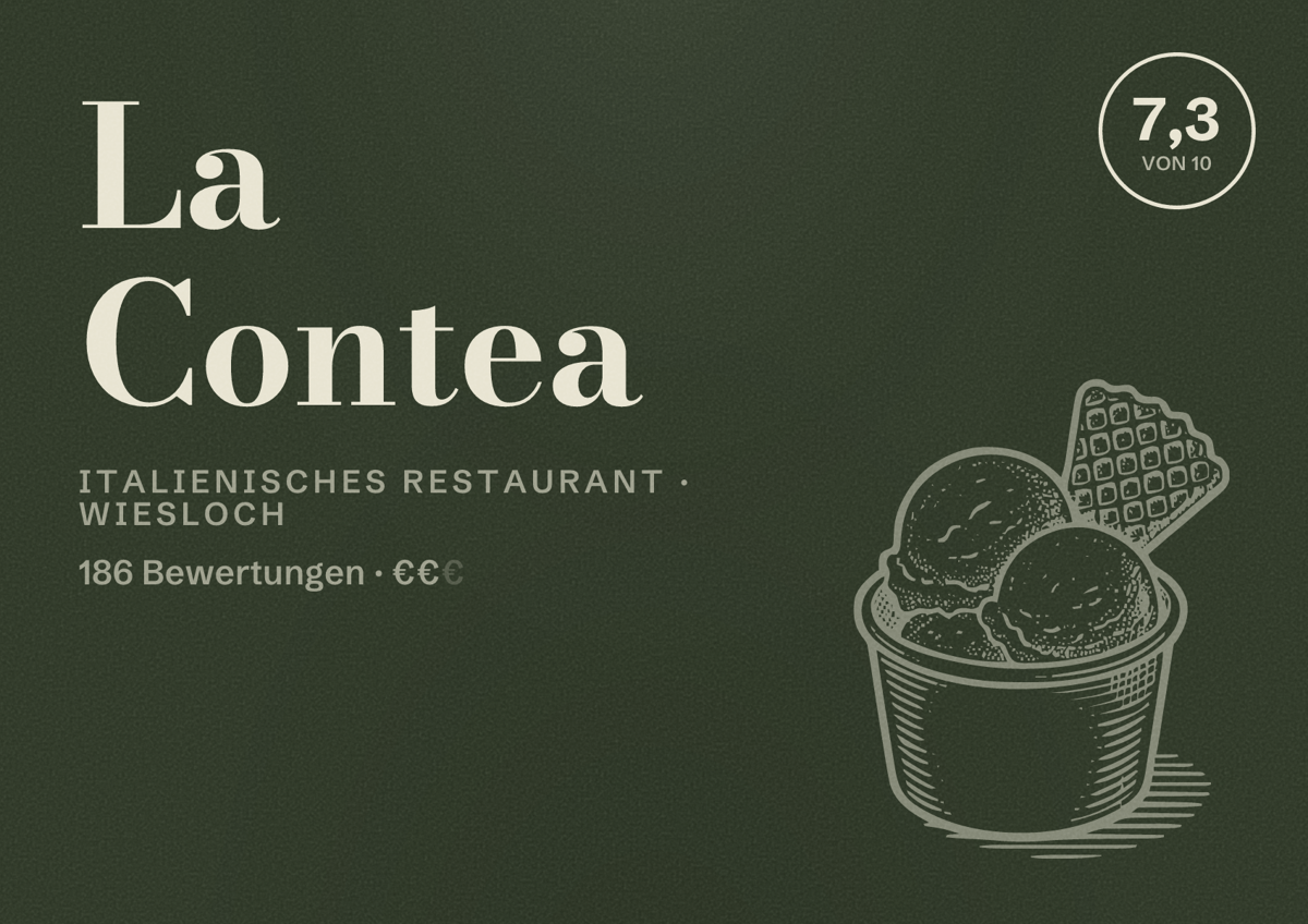 Illustriertes Poster von La Contea, Italienisches Restaurant in Wiesloch: Bewertung 7,3 von 10 aus 186 Bewertungen, Preisniveau €€