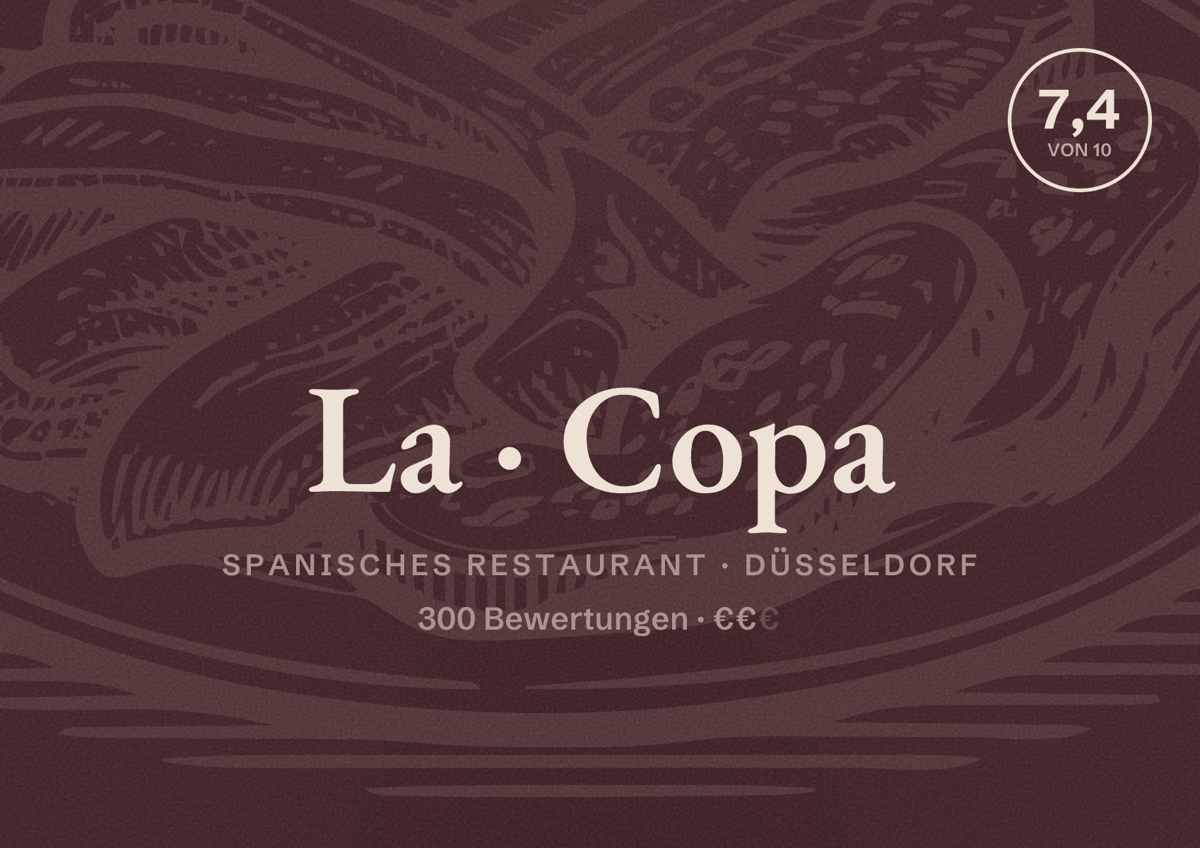 Illustriertes Poster von La Copa, Spanisches Restaurant in Düsseldorf: Bewertung 7,4 von 10 aus 300 Bewertungen, Preisniveau €€