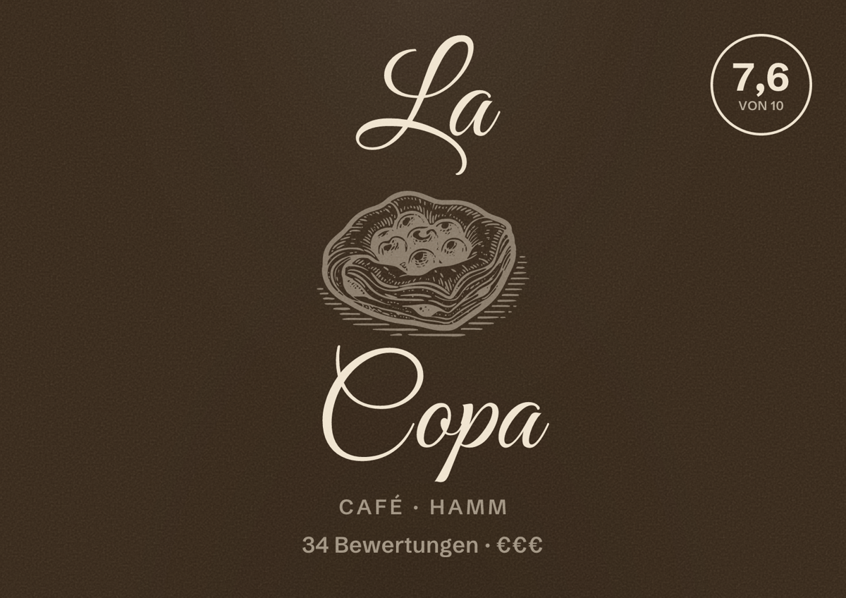 Illustriertes Poster von La Copa, Café in Hamm: Bewertung 7,6 von 10 aus 34 Bewertungen, Preisniveau €€€