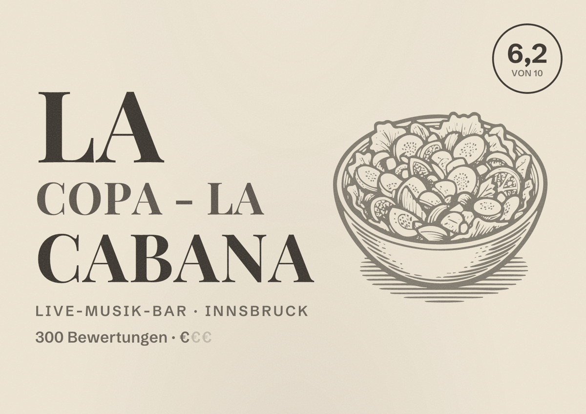 Illustriertes Poster von La Copa - La Cabana, Live-Musik-Bar in Innsbruck: Bewertung 6,2 von 10 aus 300 Bewertungen, Preisniveau €